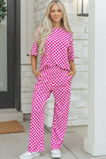 Rose Checkered Lounge Set Half Sleeve Tee & Pant 2pcs Women S-XL