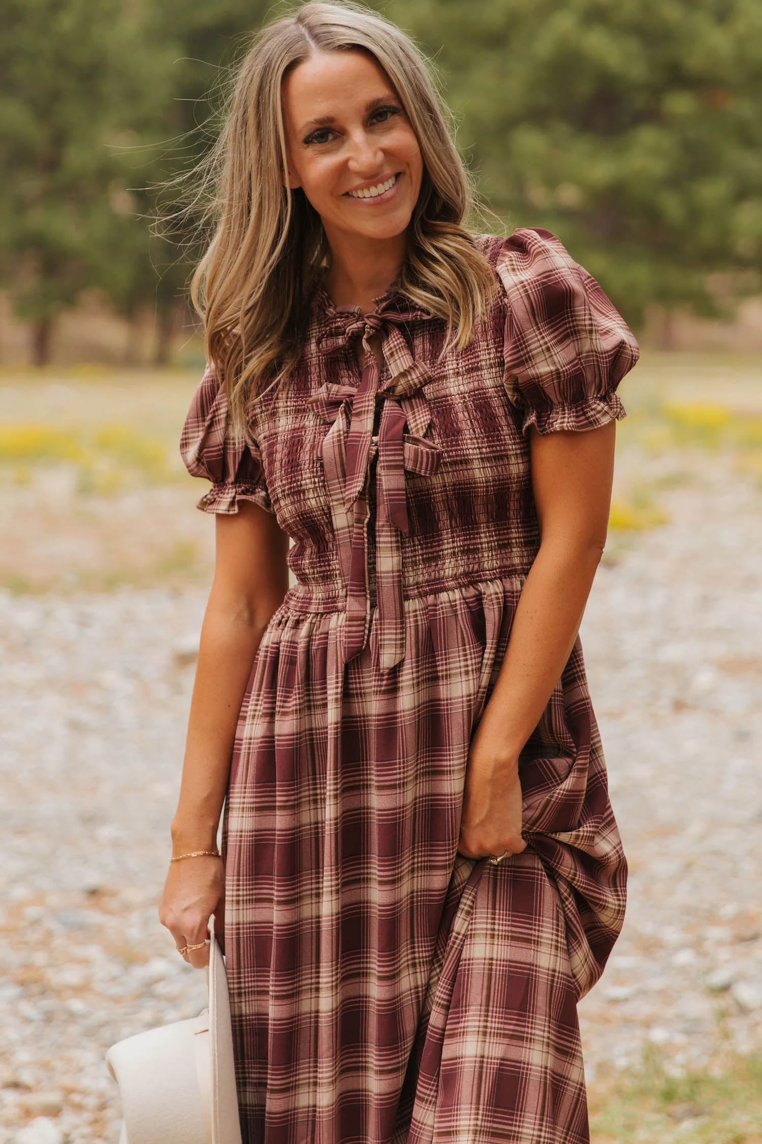 Red Vintage Plaid Knot Front Smocked High Waist Midi Dress S-XL