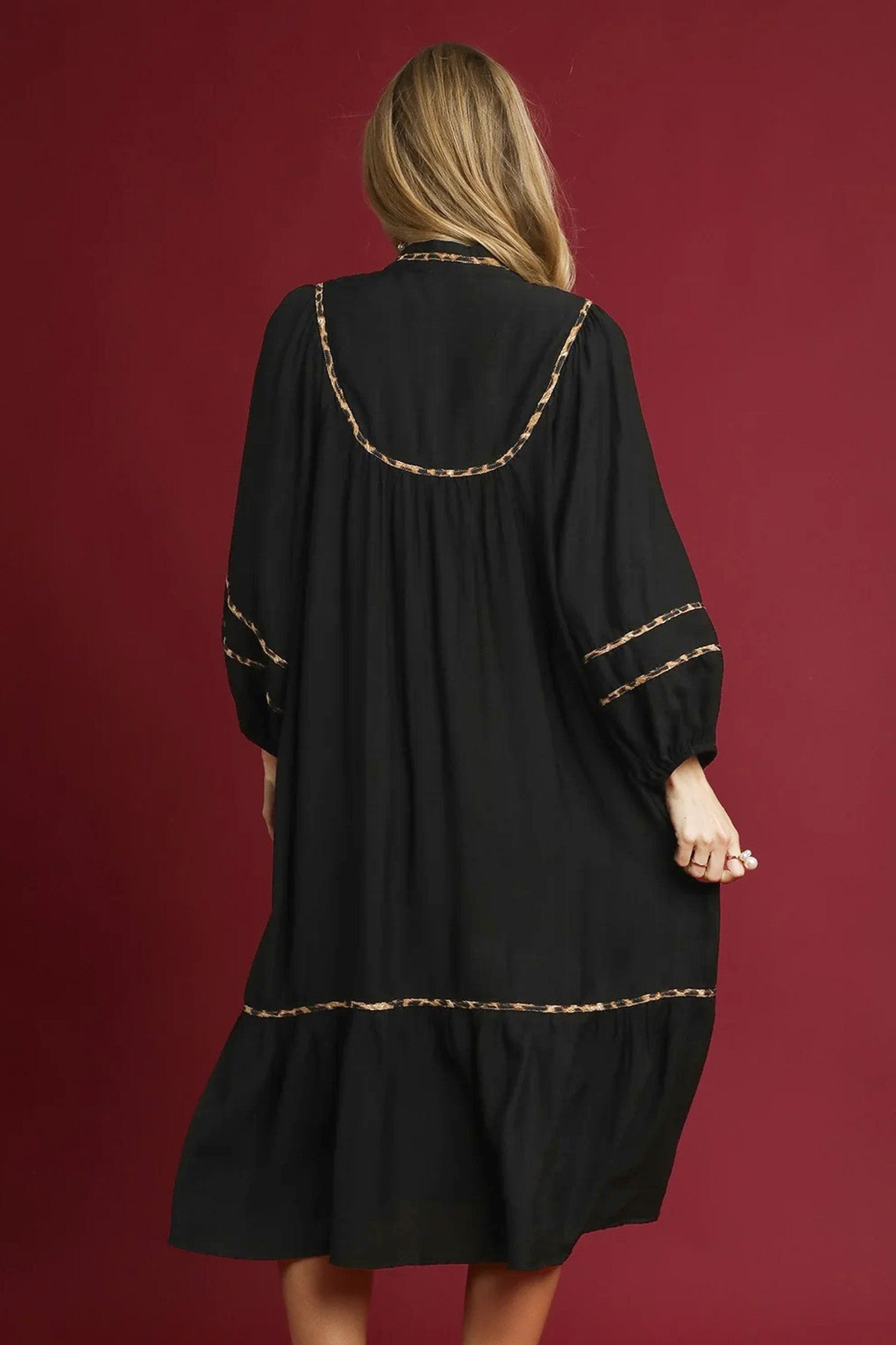 Women's Black Leopard Trim Split Neck Long Sleeve Midi Dress at LivelyLooks