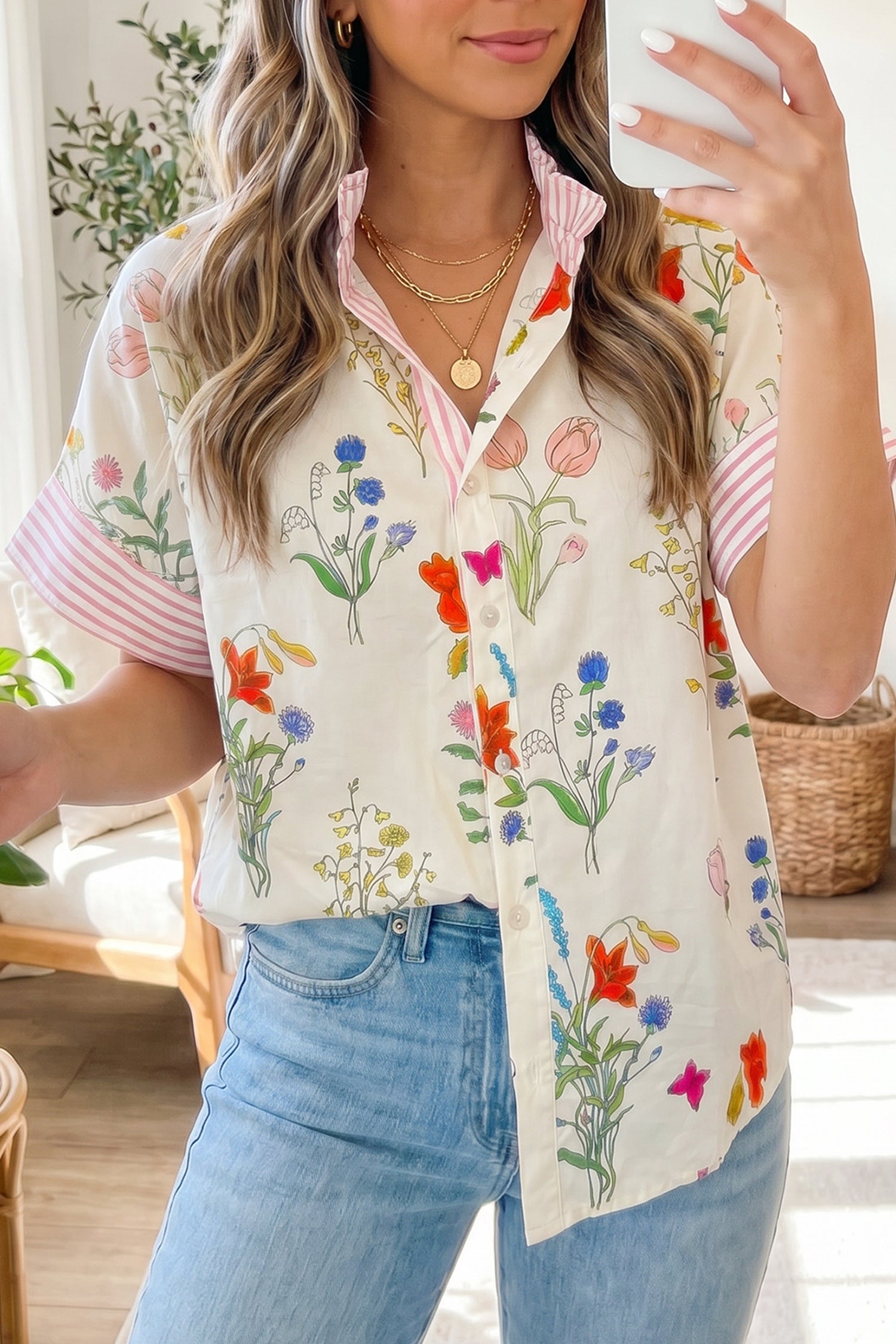 Floral Striped Ruffled Collar Shirt Short Sleeve Beige Sky Blue UK 8-22