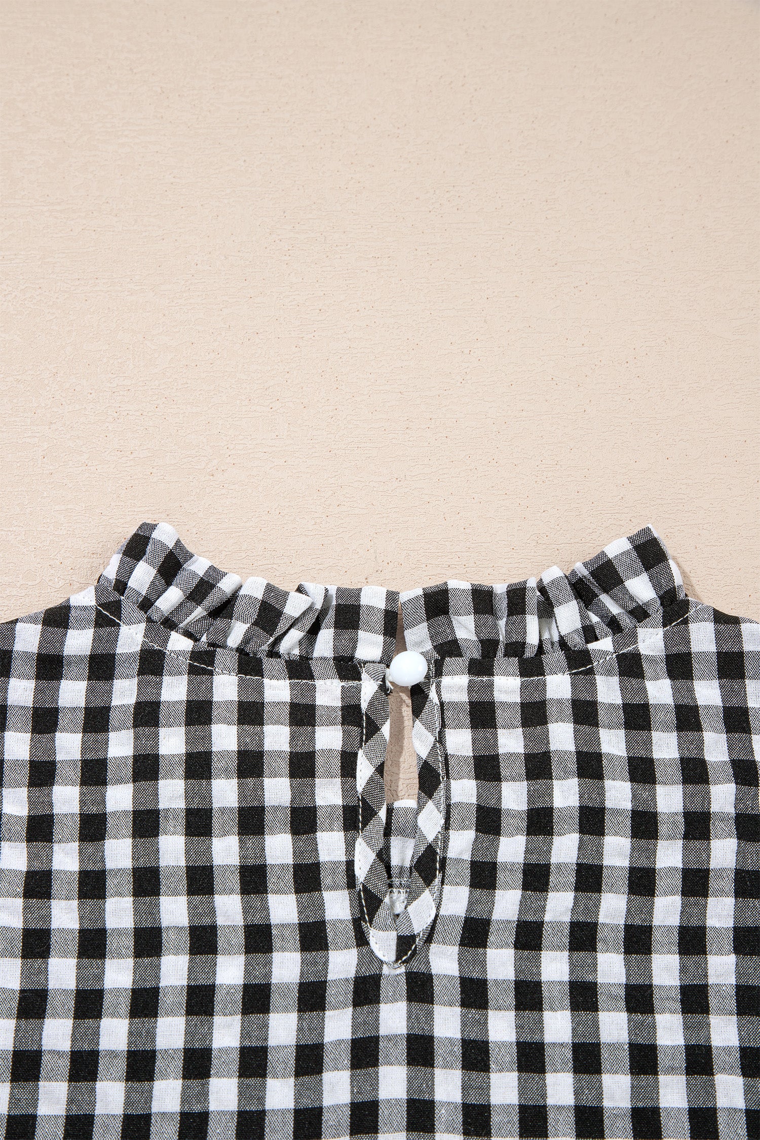 Black Plaid Puff Sleeve Frilled Neck Blouse S-XL