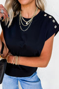 Women's Black Casual Solid Short Sleeve Top with Metal Button Details at LivelyLooks