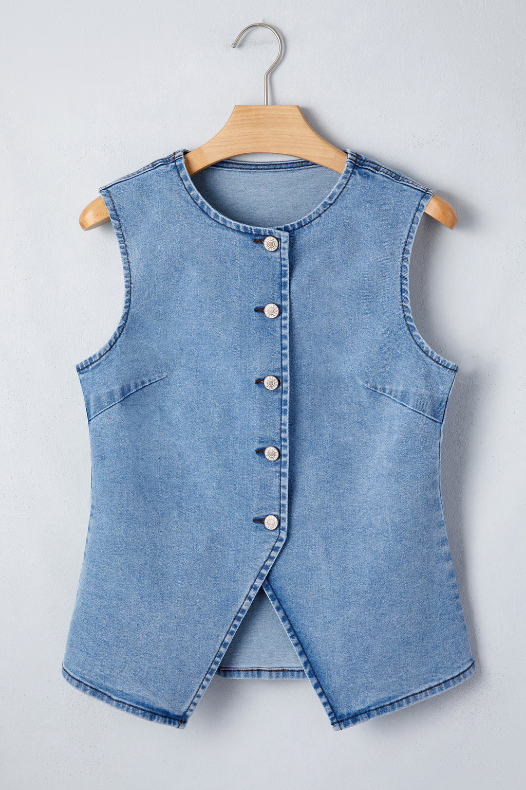 Women's Buttoned Front Slit Denim Vest Black Blue S-XL at LivelyLooks