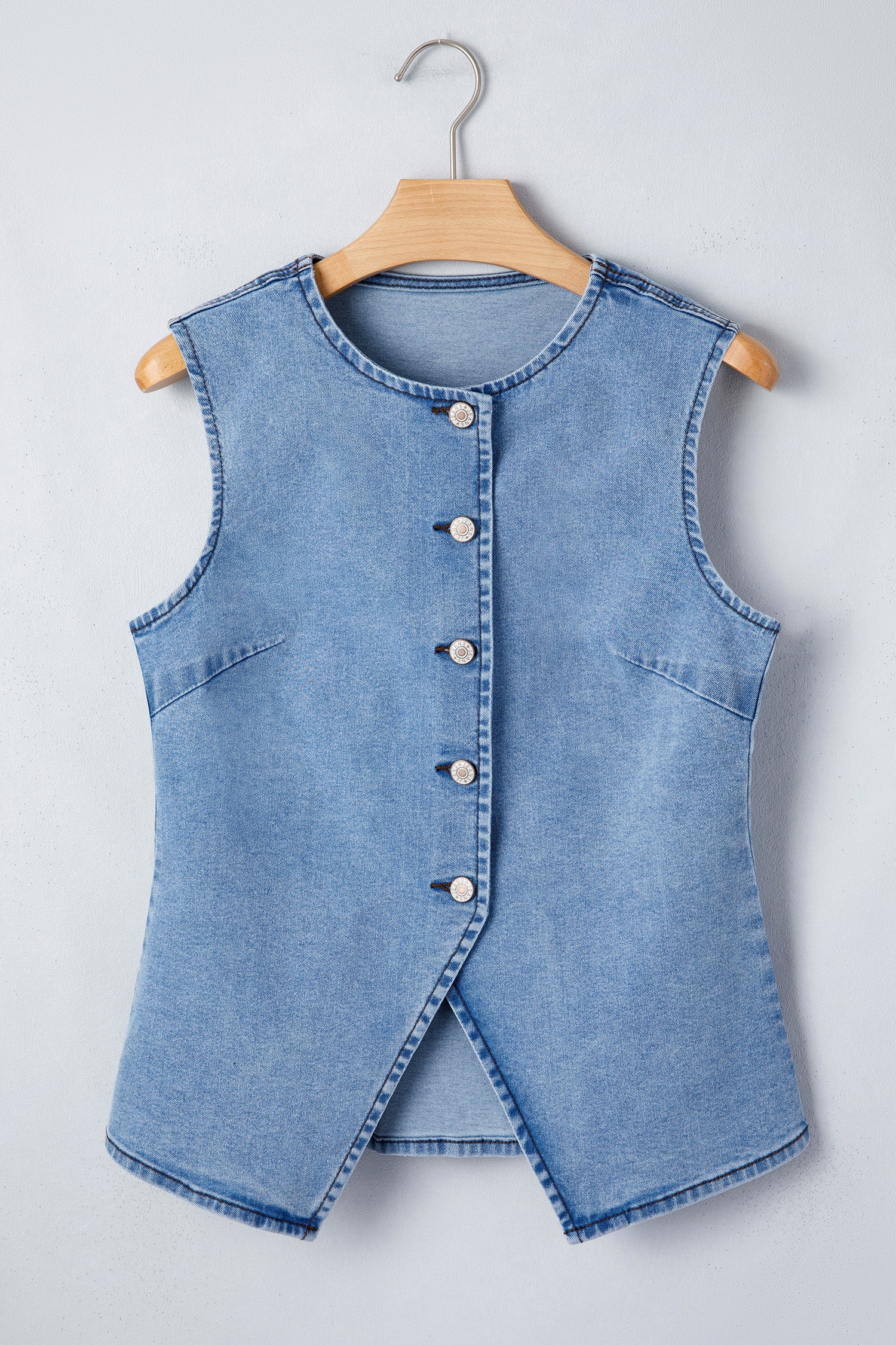 Women's Buttoned Front Slit Denim Vest Black Blue S-XL at LivelyLooks