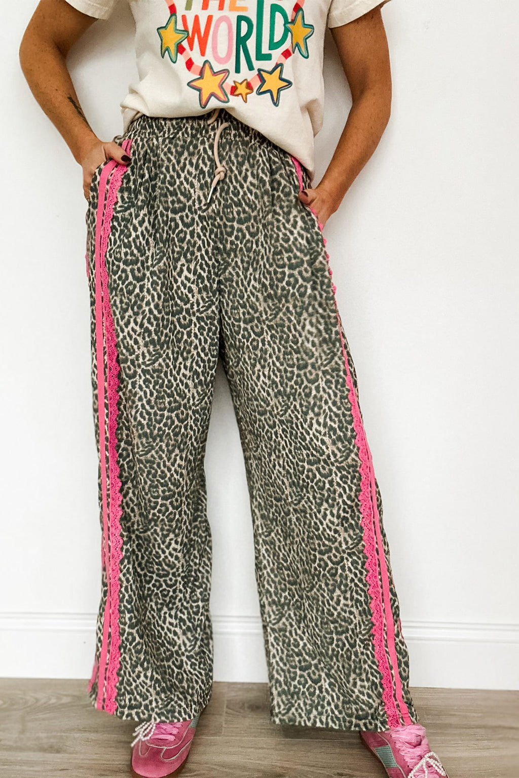 Leopard Print Lace Trim Drawstring Wide Leg Trousers – Brown