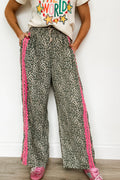 Leopard Print Lace Trim Drawstring Wide Leg Trousers – Brown