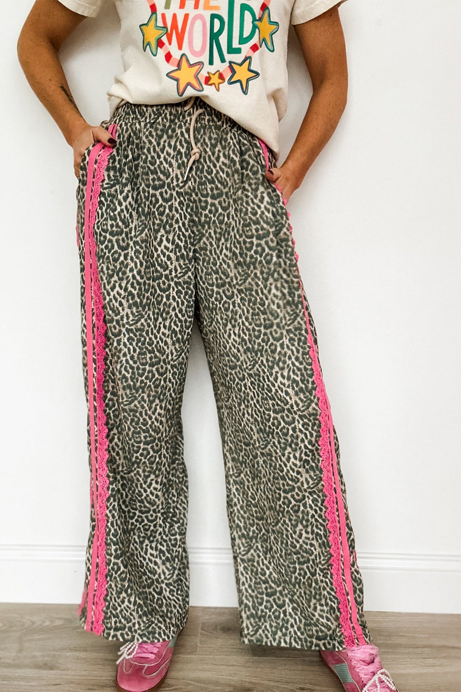 Leopard Print Lace Trim Drawstring Wide Leg Trousers – Brown
