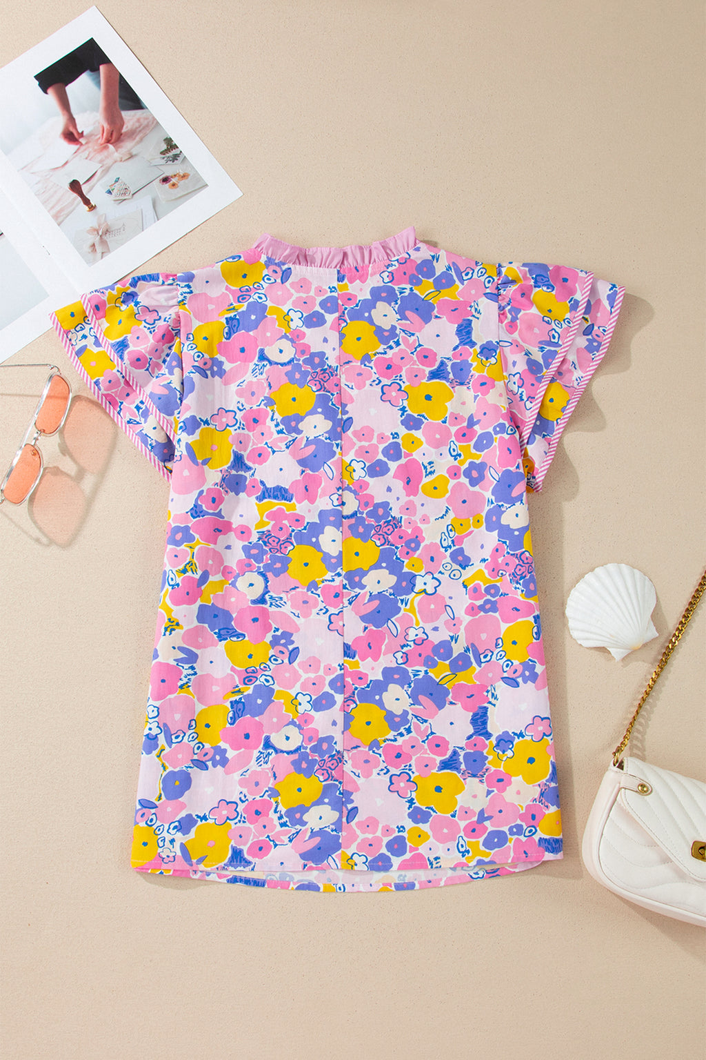 Shop Pink Playful Floral Print Striped Color Block Patchwork V Neck Flutter Sleeve Blouse at LivelyLooks