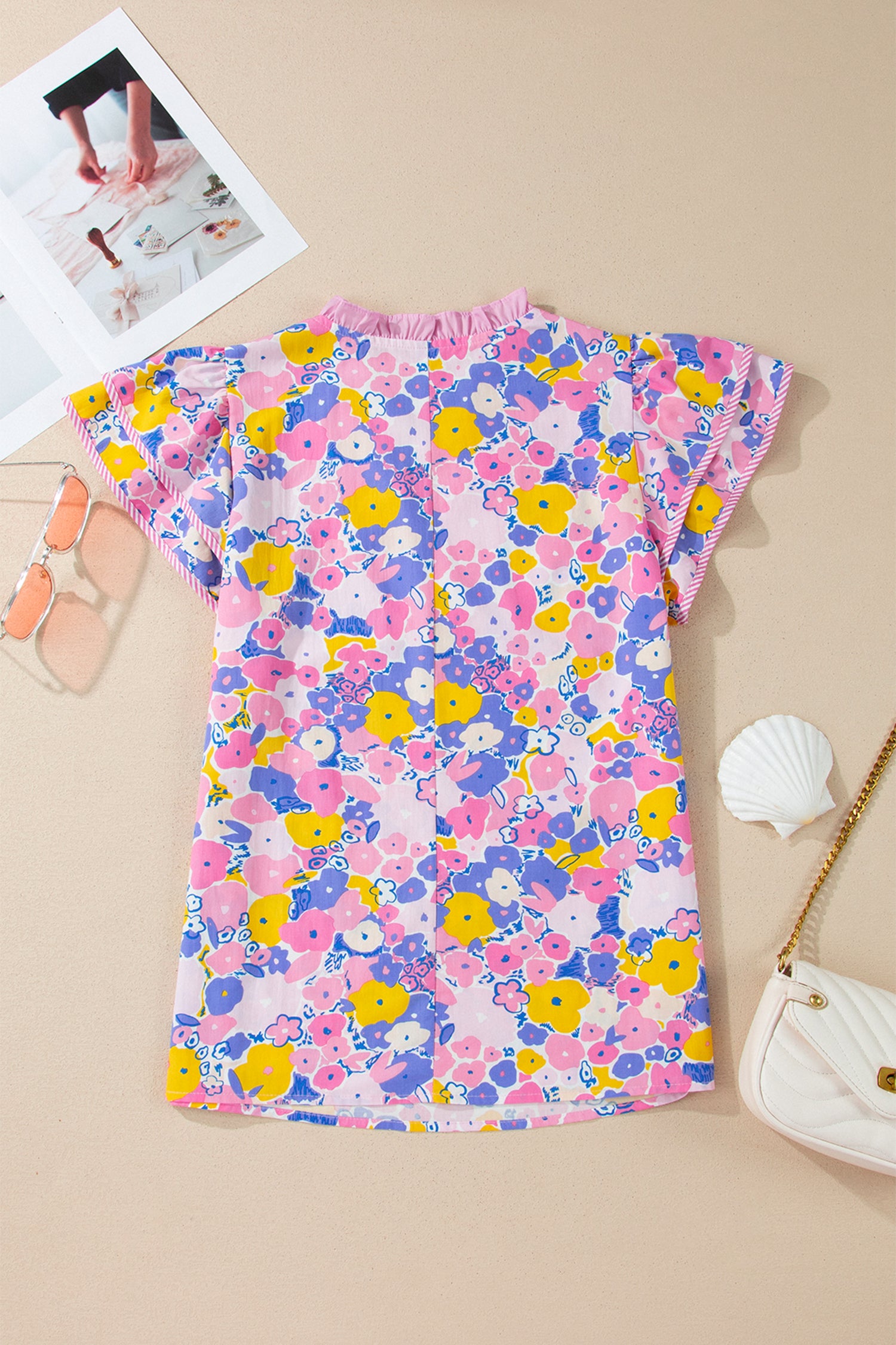 Shop Pink Playful Floral Print Striped Color Block Patchwork V Neck Flutter Sleeve Blouse at LivelyLooks