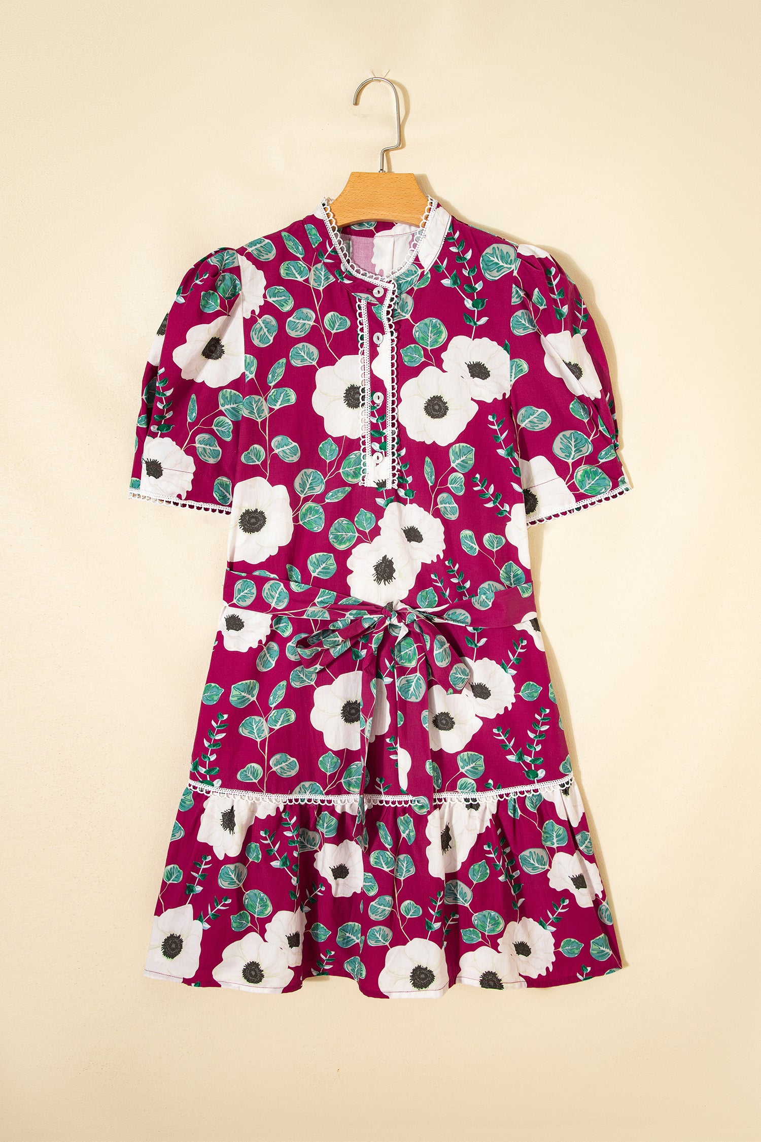 Red Floral Print Trimmed Short Puff Sleeve Belted Mini Dress | UK 8–22