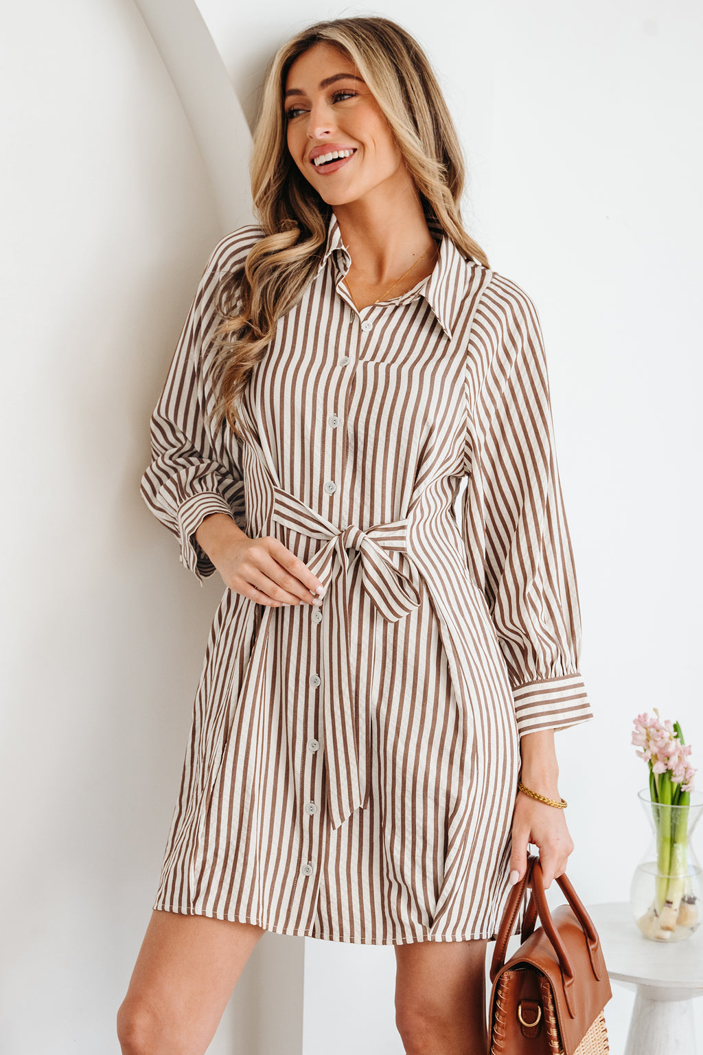 Brown Stripe Knot Waist Puff Sleeve Button Down Mini Shirt Dress S-XL