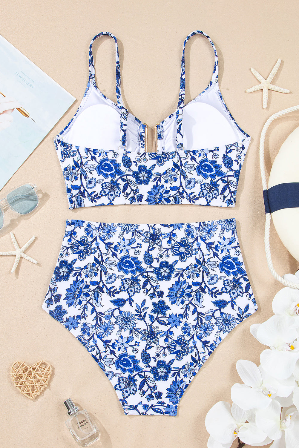 Blue Floral Print Hardware Accent Notched Neck High Waist Bikini Set