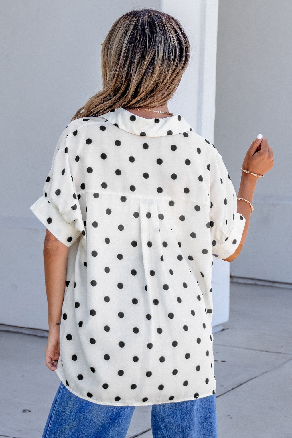 Beige Polka Dot Dolman Shirt Loose Fit Short Sleeve Rolled Cuff Women S-XL