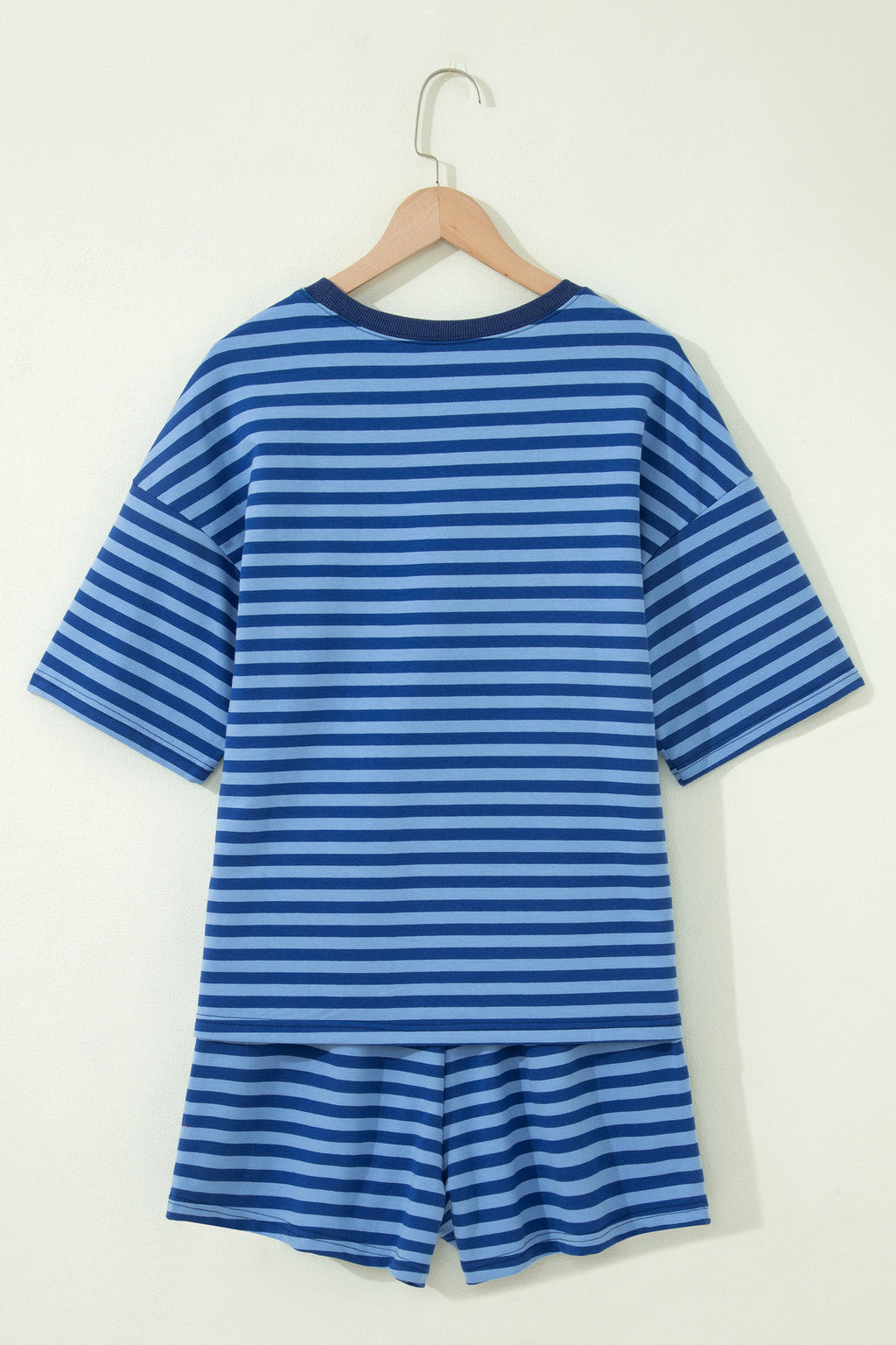 Striped Ribbed Cotton Short Set with Chest Patch Detail | Blue & Navy Stripe