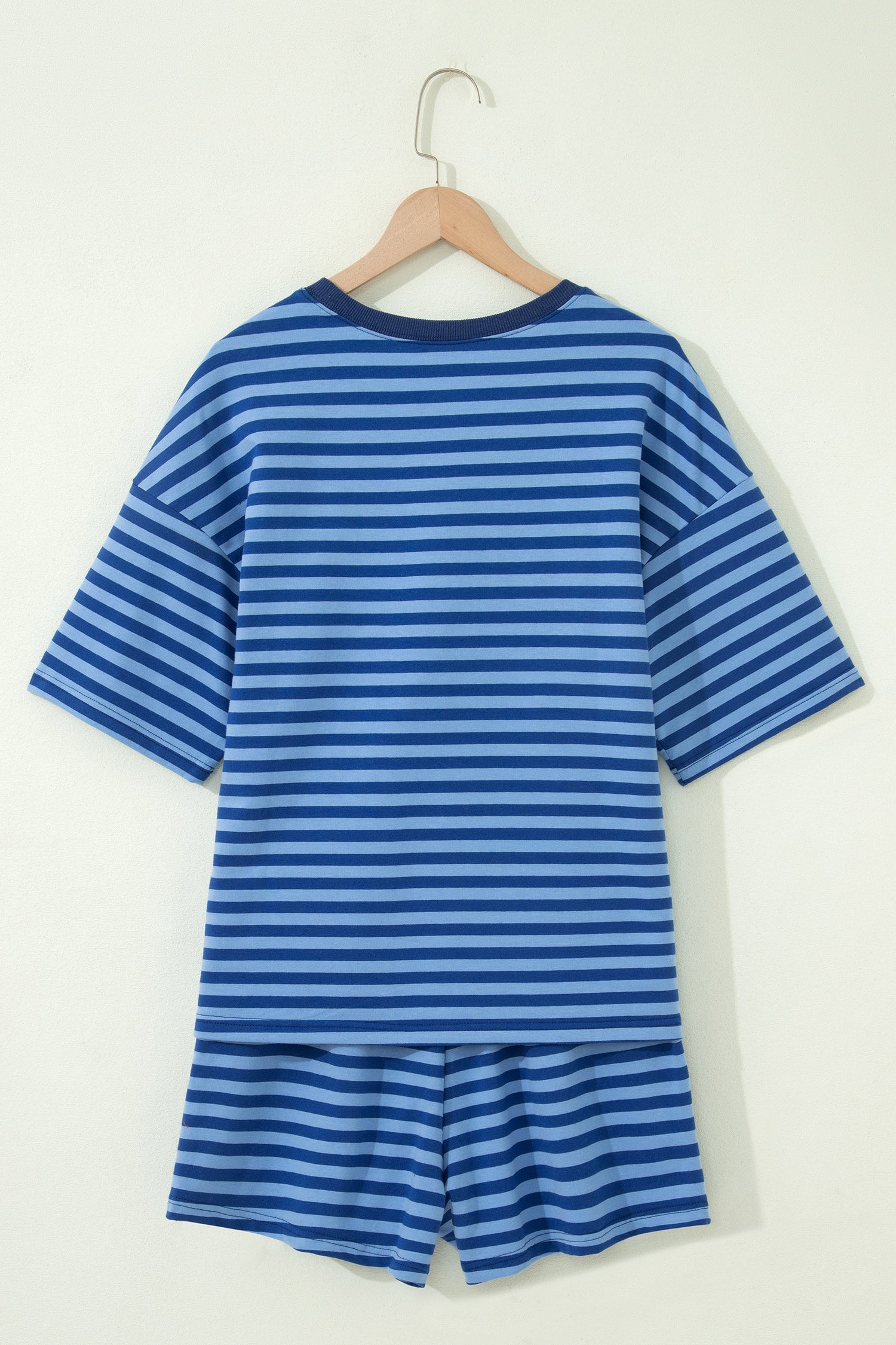 Striped Ribbed Cotton Short Set with Chest Patch Detail | Blue & Navy Stripe