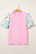Pink Floral Bubble Sleeve Textured Contrast Round Neck Blouse