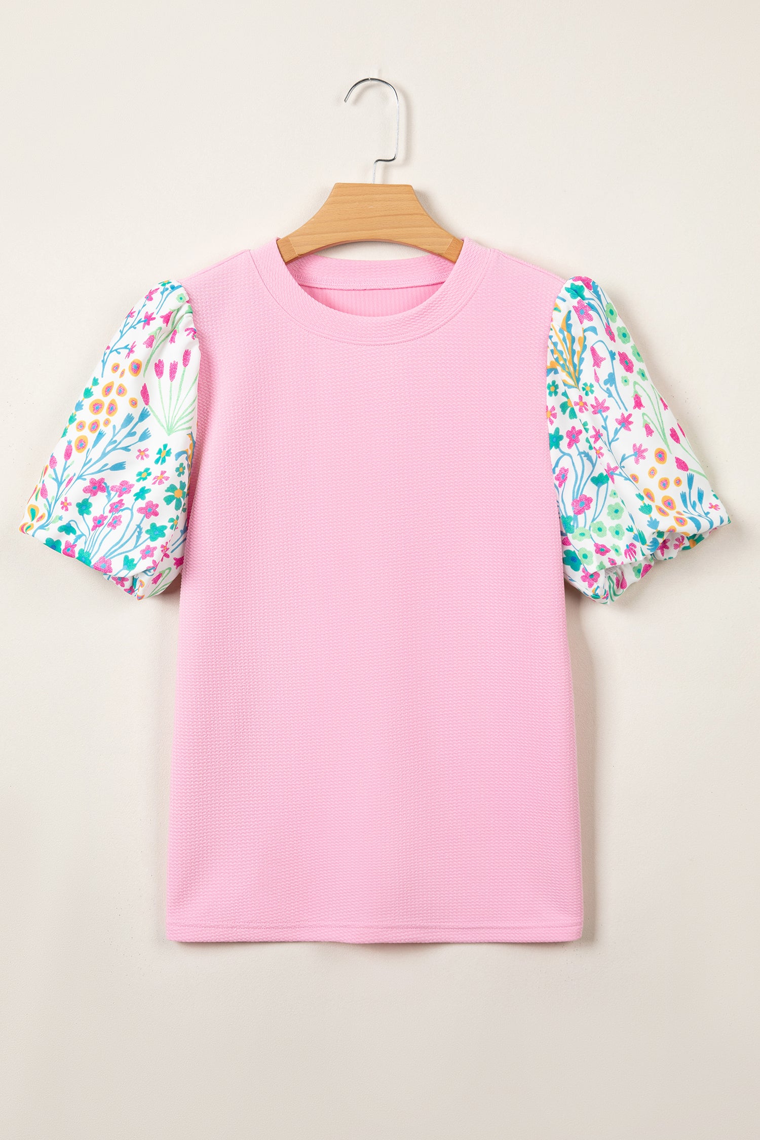 Pink Floral Bubble Sleeve Textured Contrast Round Neck Blouse
