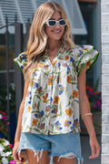 Women's Green Floral Ruffle V-Neck Pressed Pleats Cotton Blouse at LivelyLooks