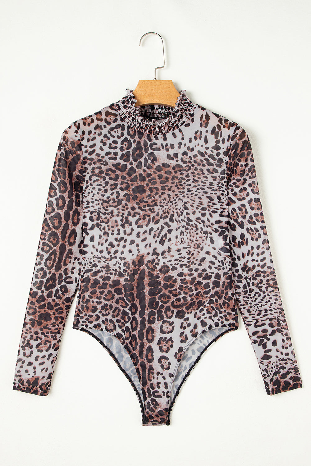 Brown Leopard Print Bodysuit Smocked Neck Mesh Long Sleeve Women S-XL