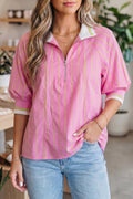 Pink Stripe V-Neck Half Sleeve Zip Ribbed Cuff Casual Blouse