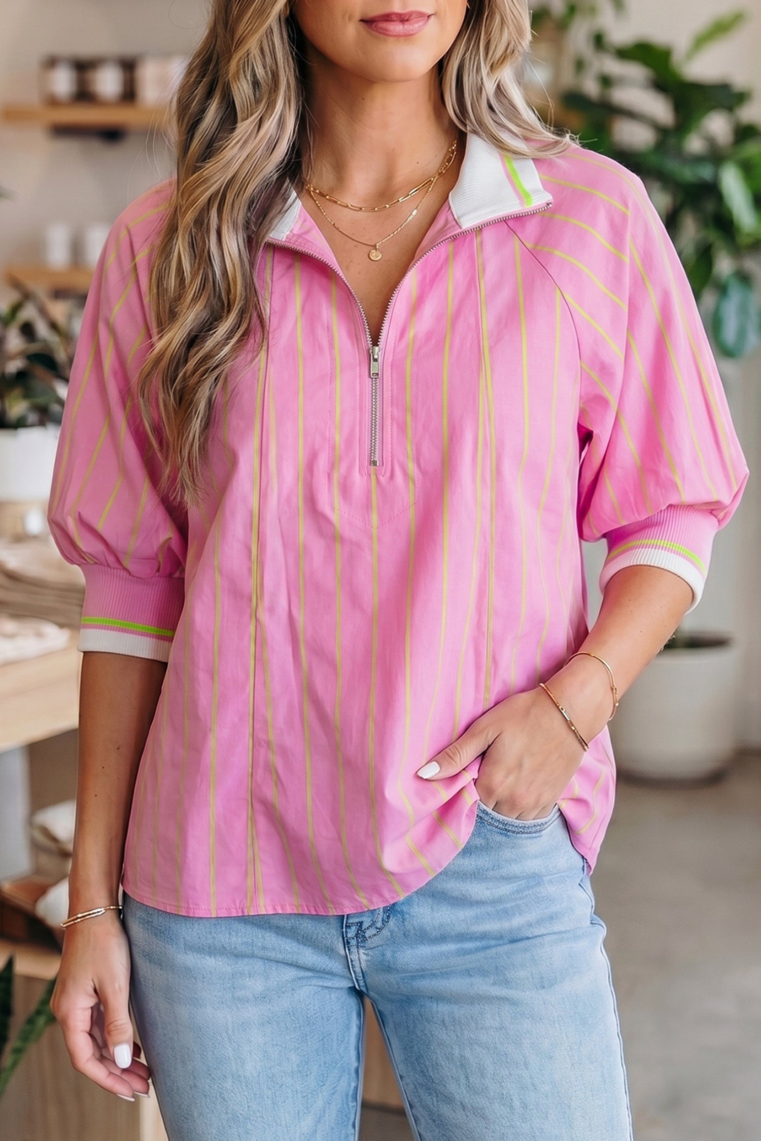 Pink Stripe V-Neck Half Sleeve Zip Ribbed Cuff Casual Blouse