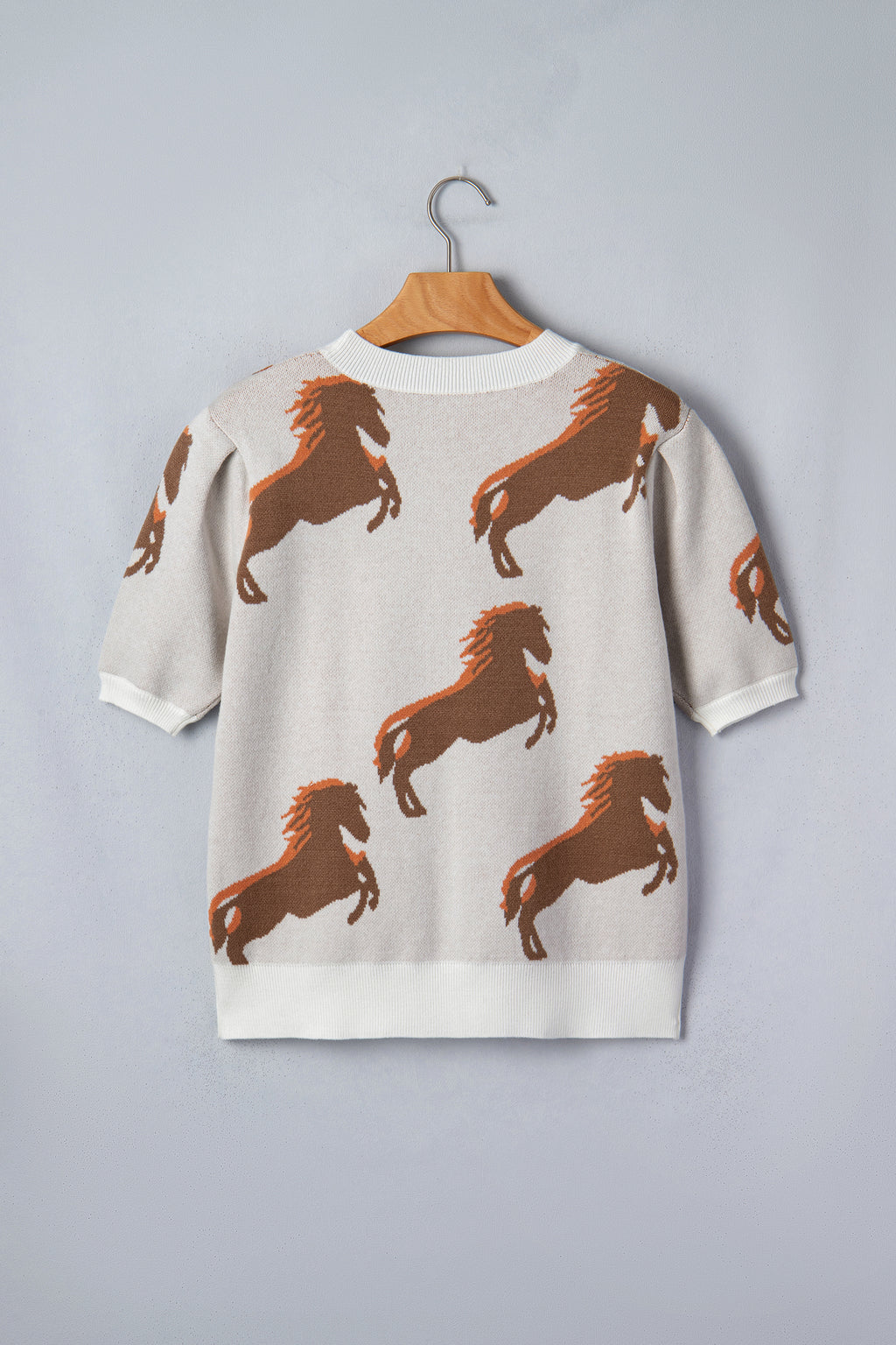 White Western Horse Print Sweater Short Puff Sleeve Women S-XL
