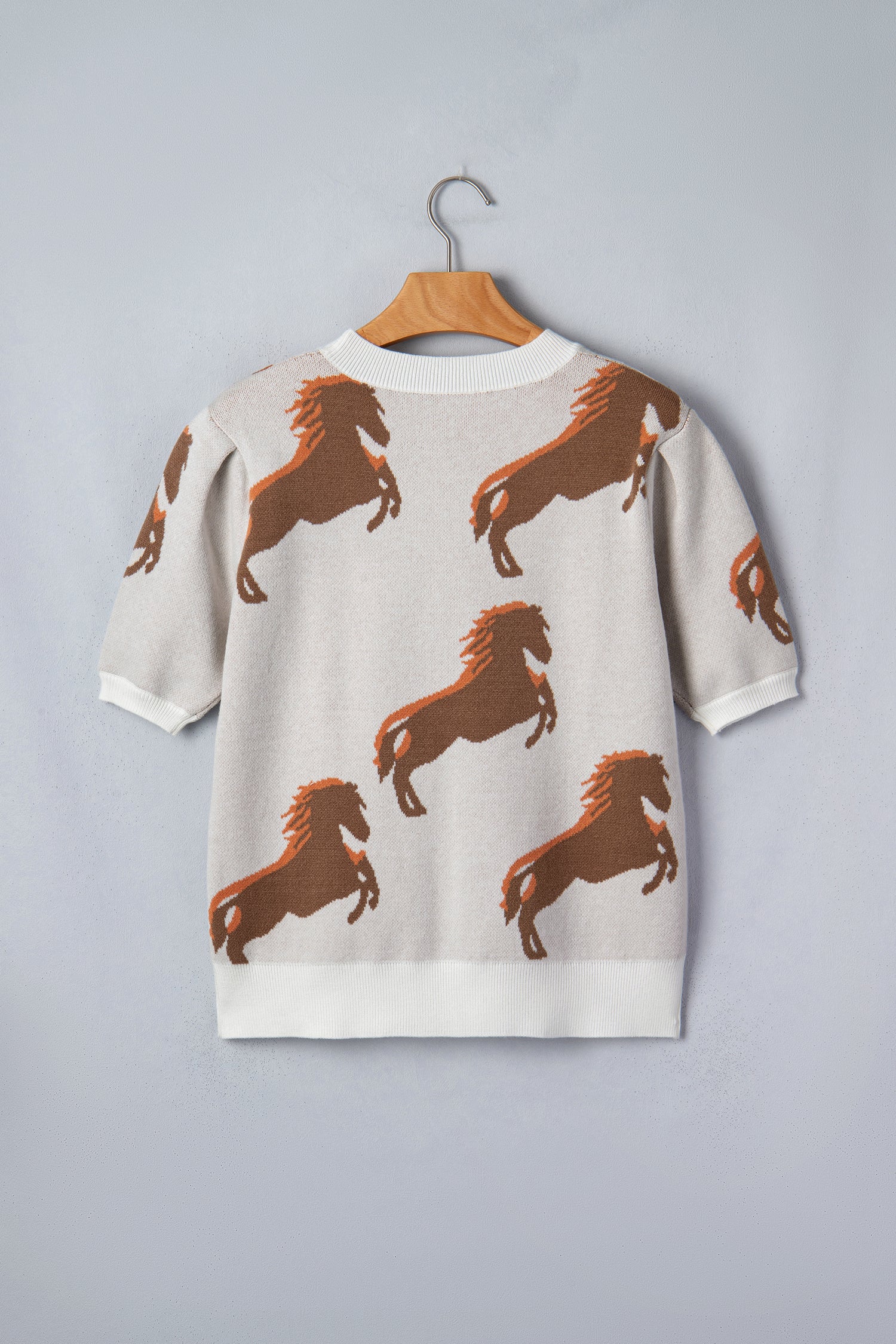 White Western Horse Print Sweater Short Puff Sleeve Women S-XL