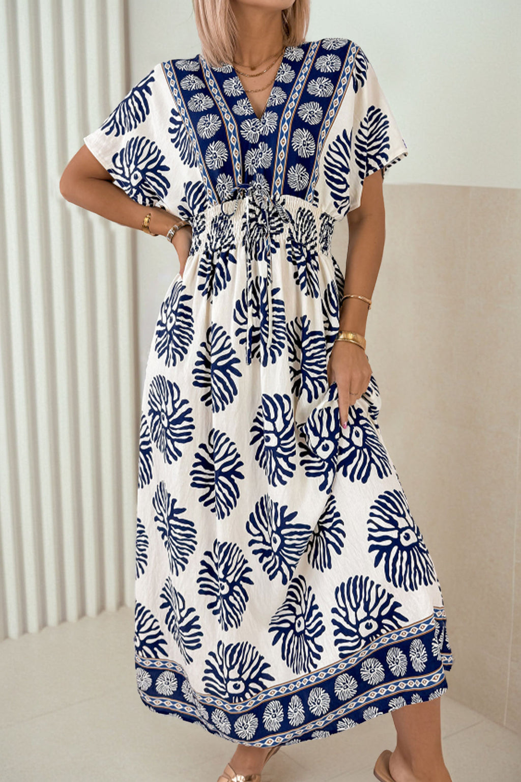 Blue Boho Floral Contrast Patchwork V-Neck Tie Waist Dolman Maxi Dress