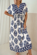 Blue Boho Floral Contrast Patchwork V-Neck Tie Waist Dolman Maxi Dress