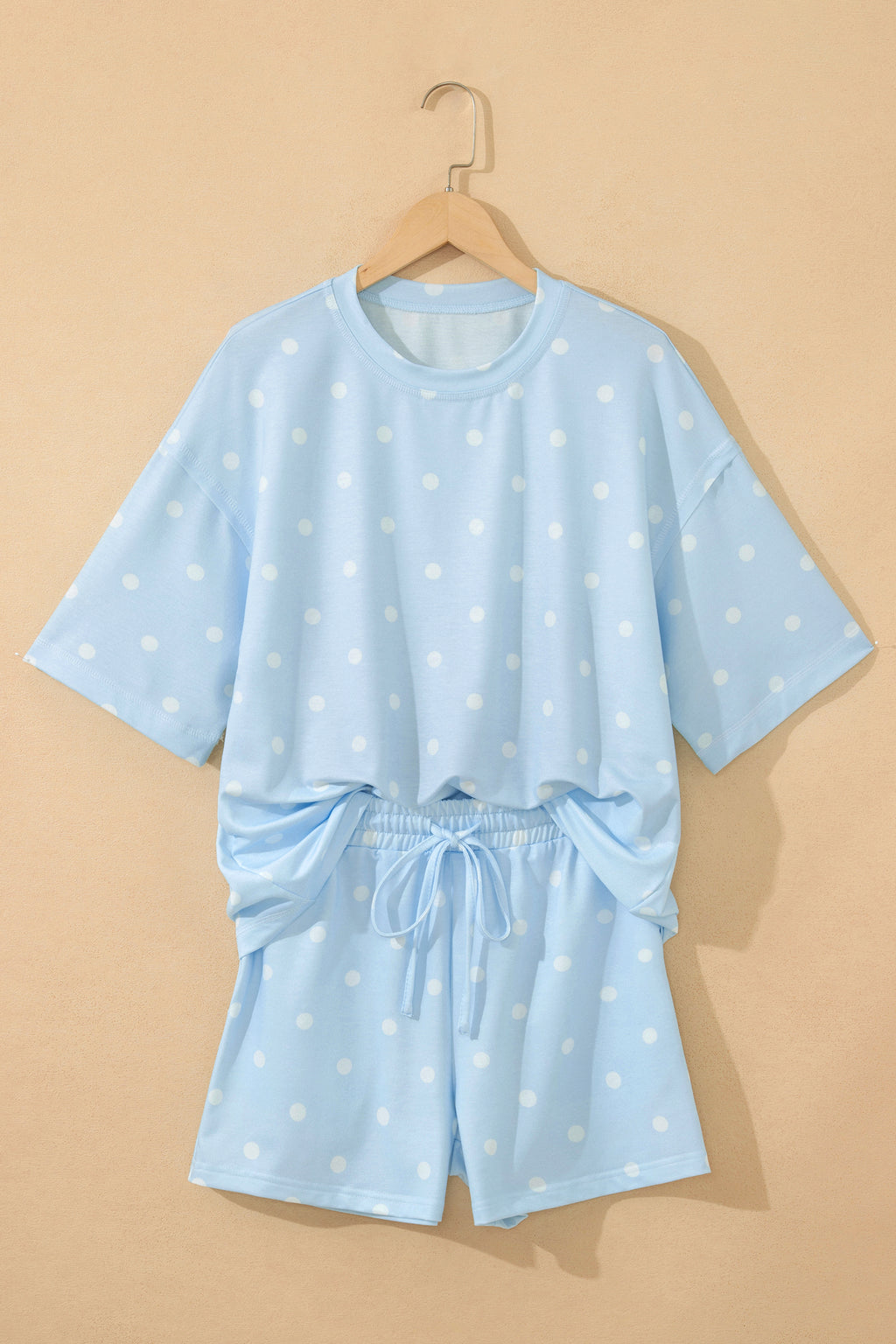 LivelyLooks White Polka Dot Exposed Seam Loose Tee & Drawstring Shorts Set S-XL women's fashion