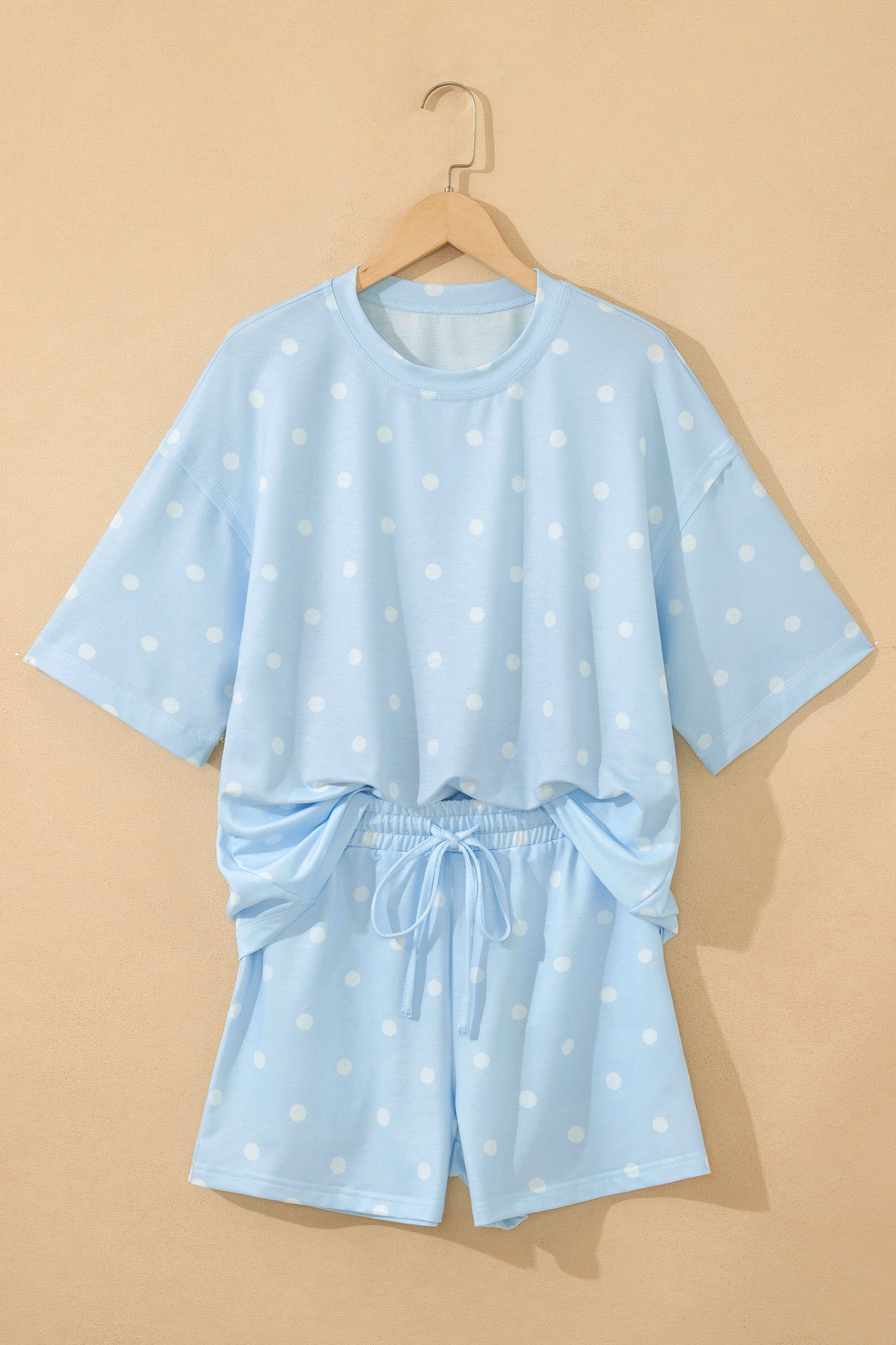 LivelyLooks White Polka Dot Exposed Seam Loose Tee & Drawstring Shorts Set S-XL women's fashion