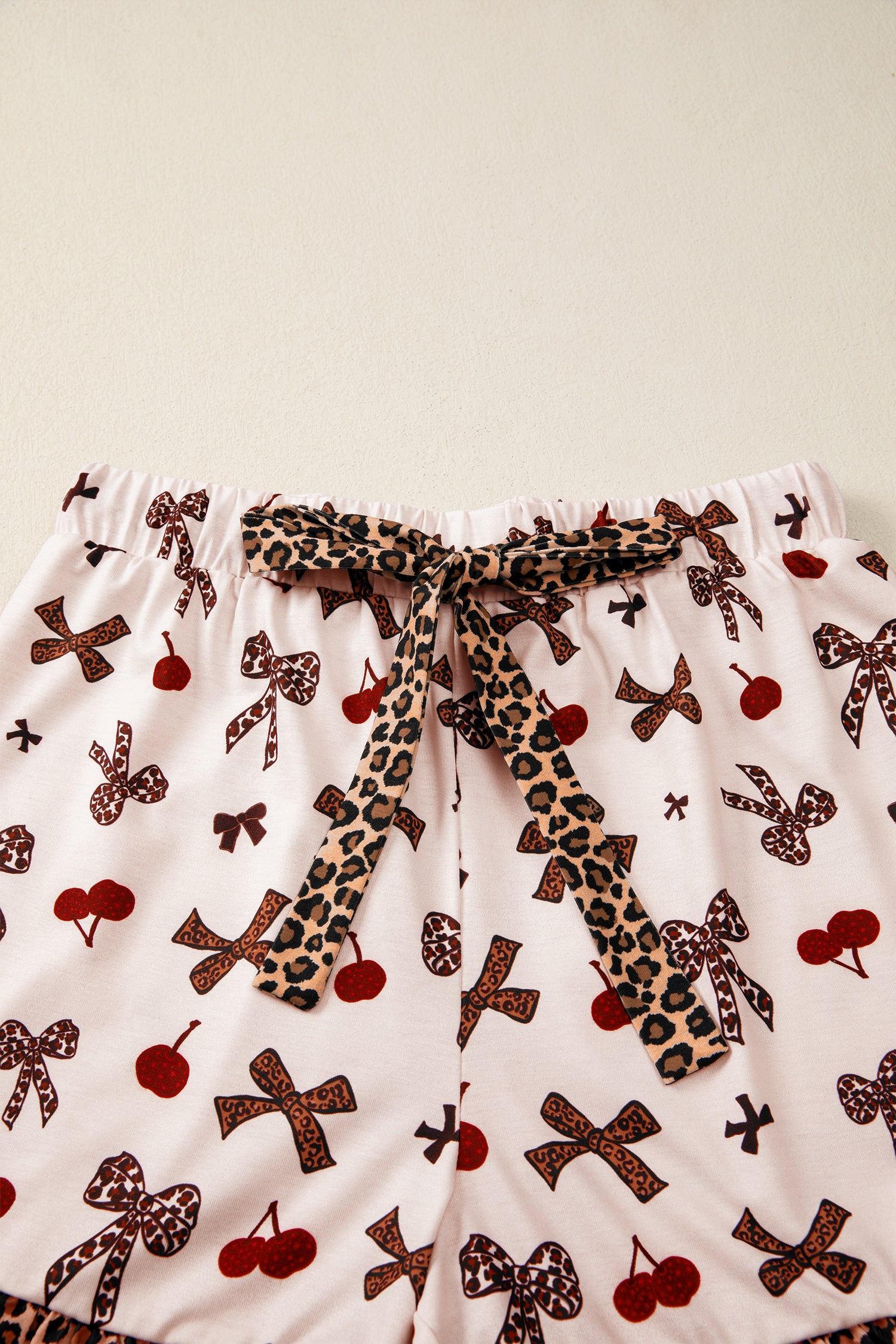 LivelyLooks White Cherry Print Leopard Patchwork PJ Set Bow Shirt and Drawstring Shorts Pyjamas women's fashion