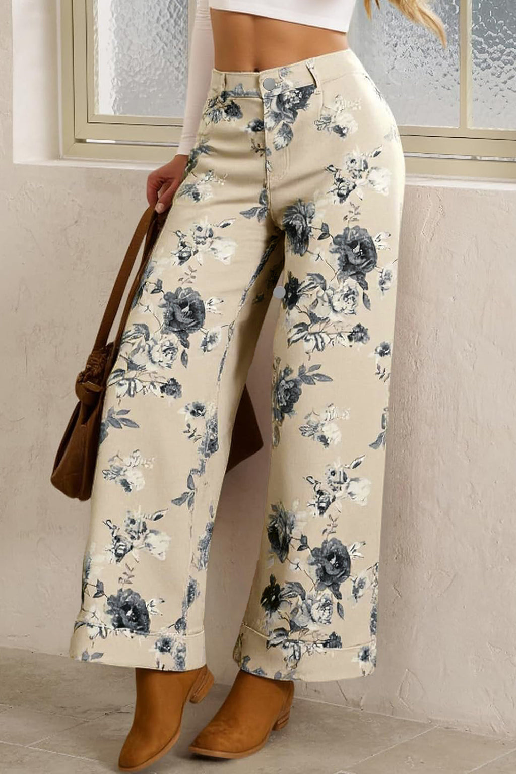 Beige Retro Floral Print Loose Jeans Turn-Up Cuffed Hem Women UK 4-16