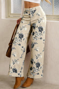 Beige Retro Floral Print Loose Jeans Turn-Up Cuffed Hem Women UK 4-16