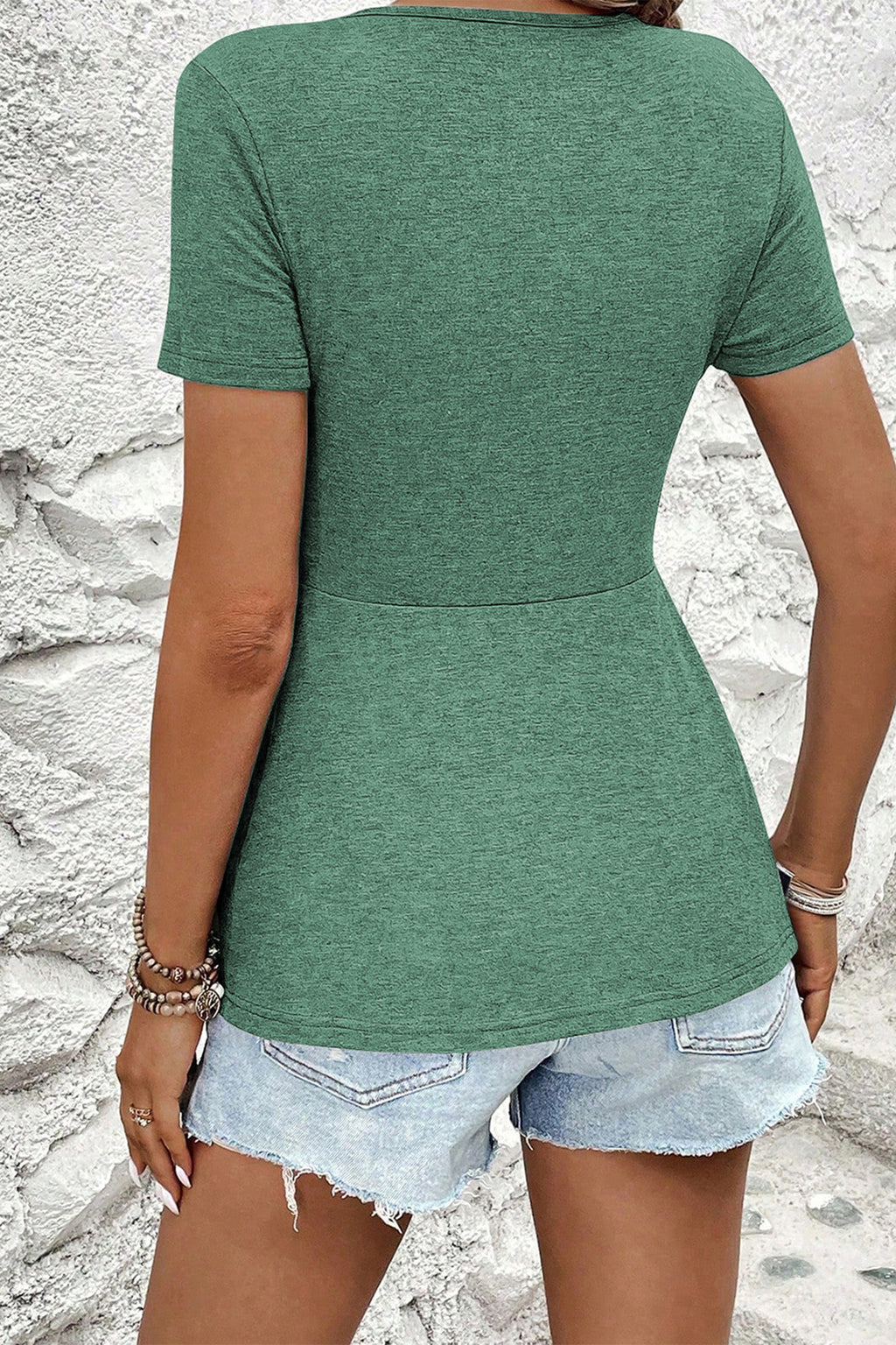 Women's Green Twist Knot V Neck Short Sleeve Blouse at LivelyLooks