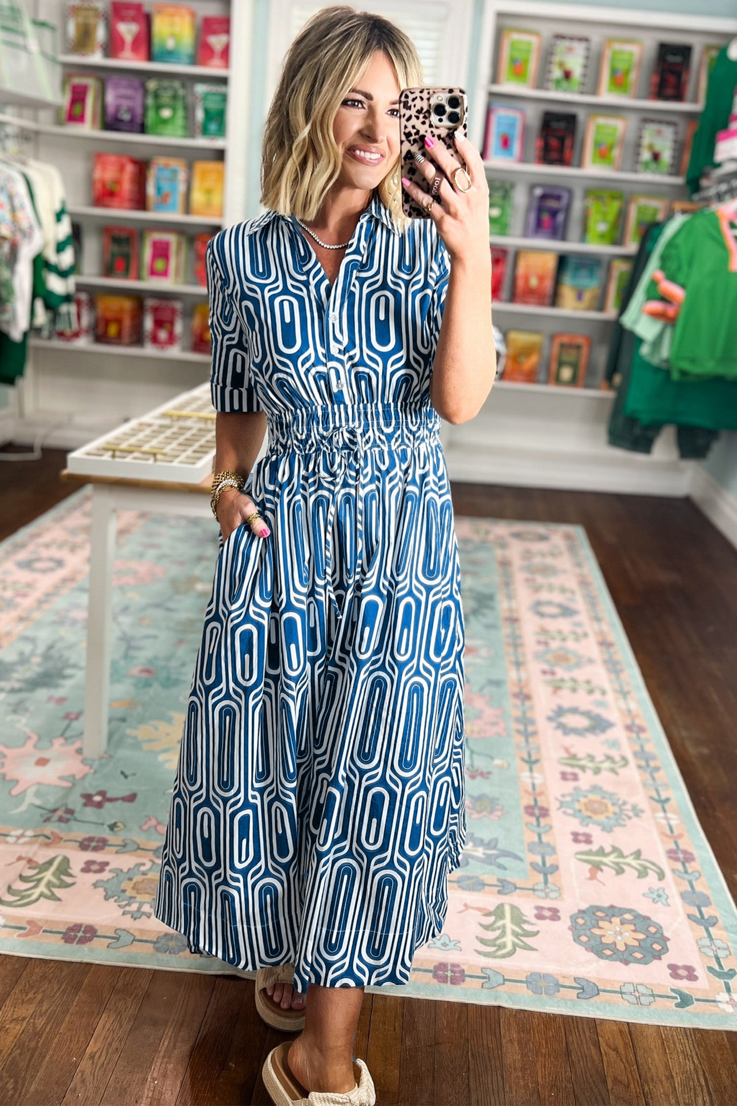 Blue Geometric Print Short Sleeve Drawstring Shirt Collar Maxi Dress | UK 8–22