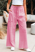 Women's Pink Mineral Wash Exposed Seam Drawstring Elastic Waistband Wide Leg Cargo Trousers at LivelyLooks