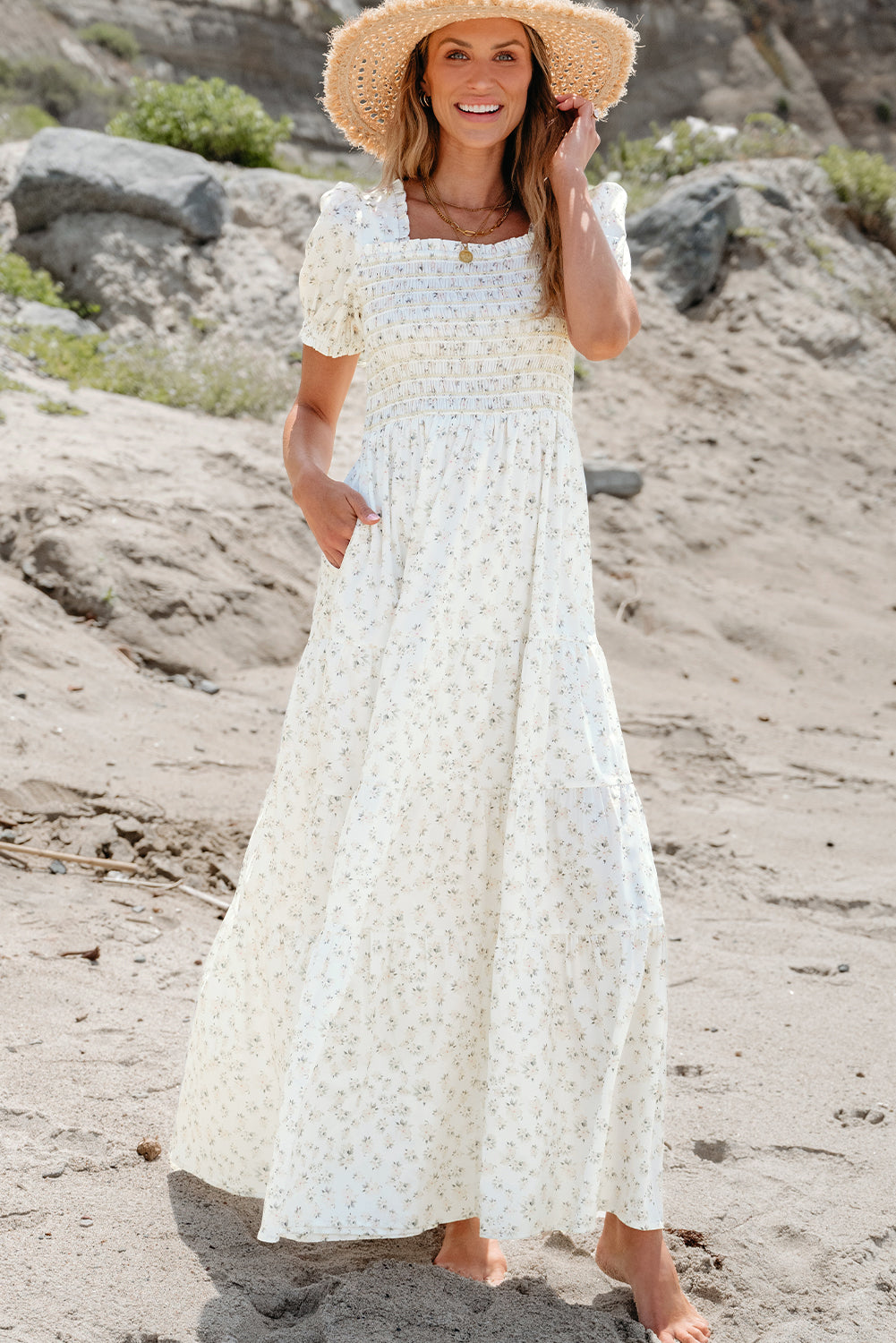White Frilly Shirred Bodice Tiered Floral Maxi Dress S-2XL
