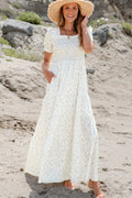White Frilly Shirred Bodice Tiered Floral Maxi Dress S-2XL