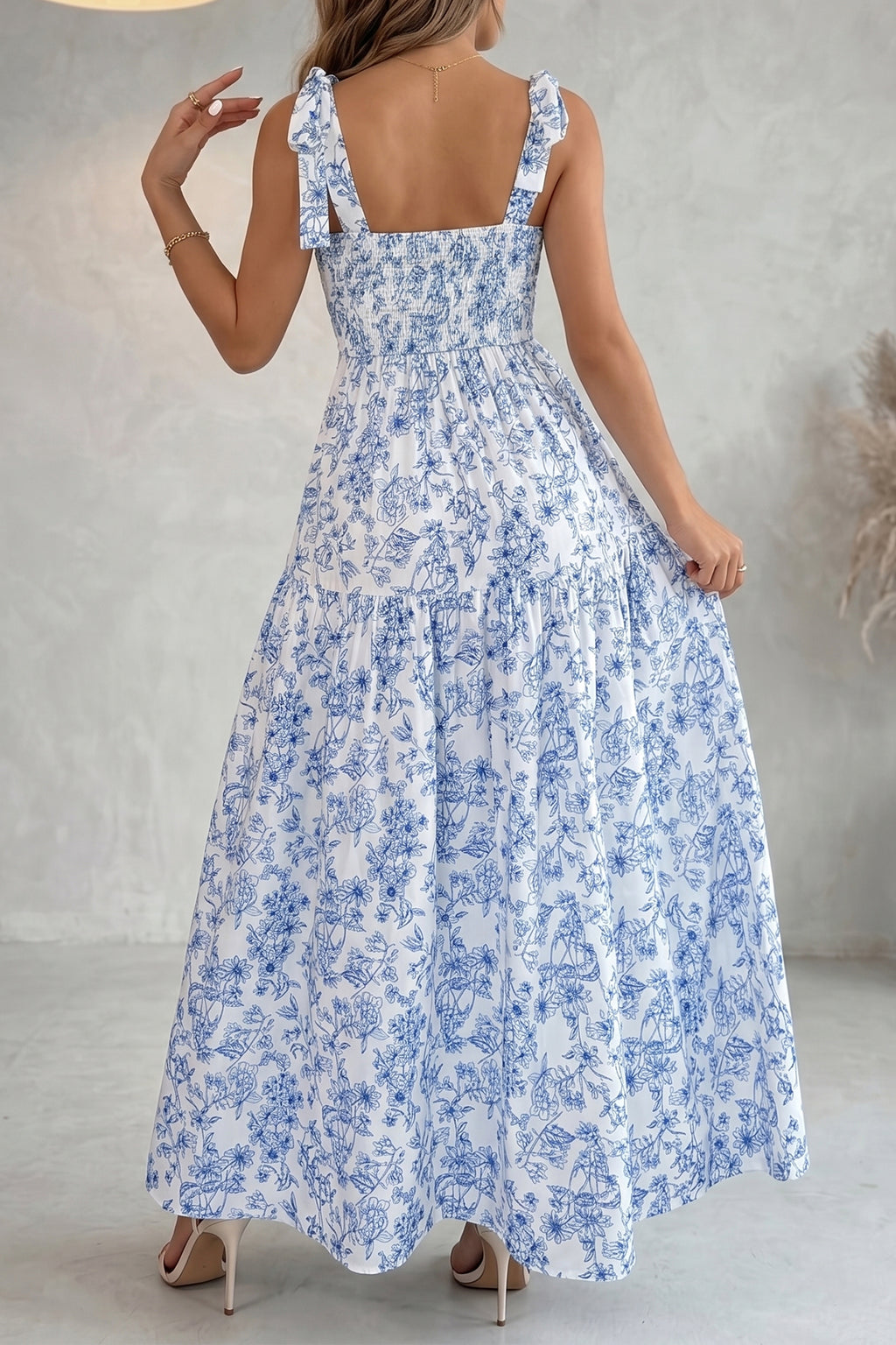 Sky Blue Floral Maxi Dress Knot Straps High Waist Flared Women S-XL