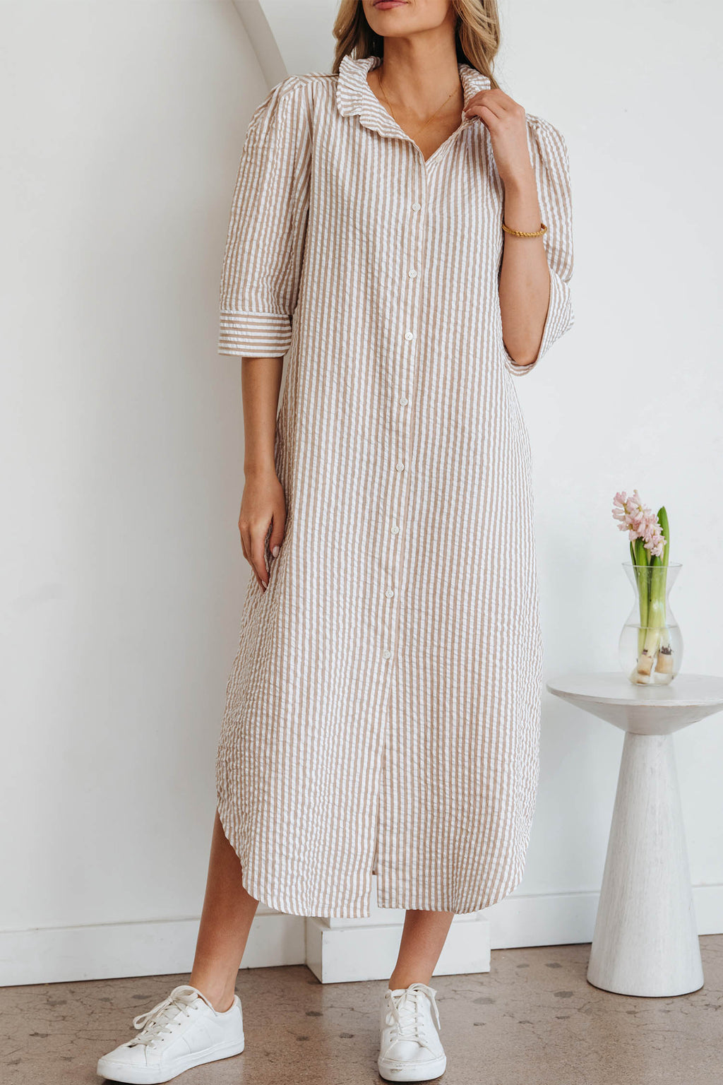 Khaki Stripe Frilled Collar Shirt Maxi Dress | Half Sleeve