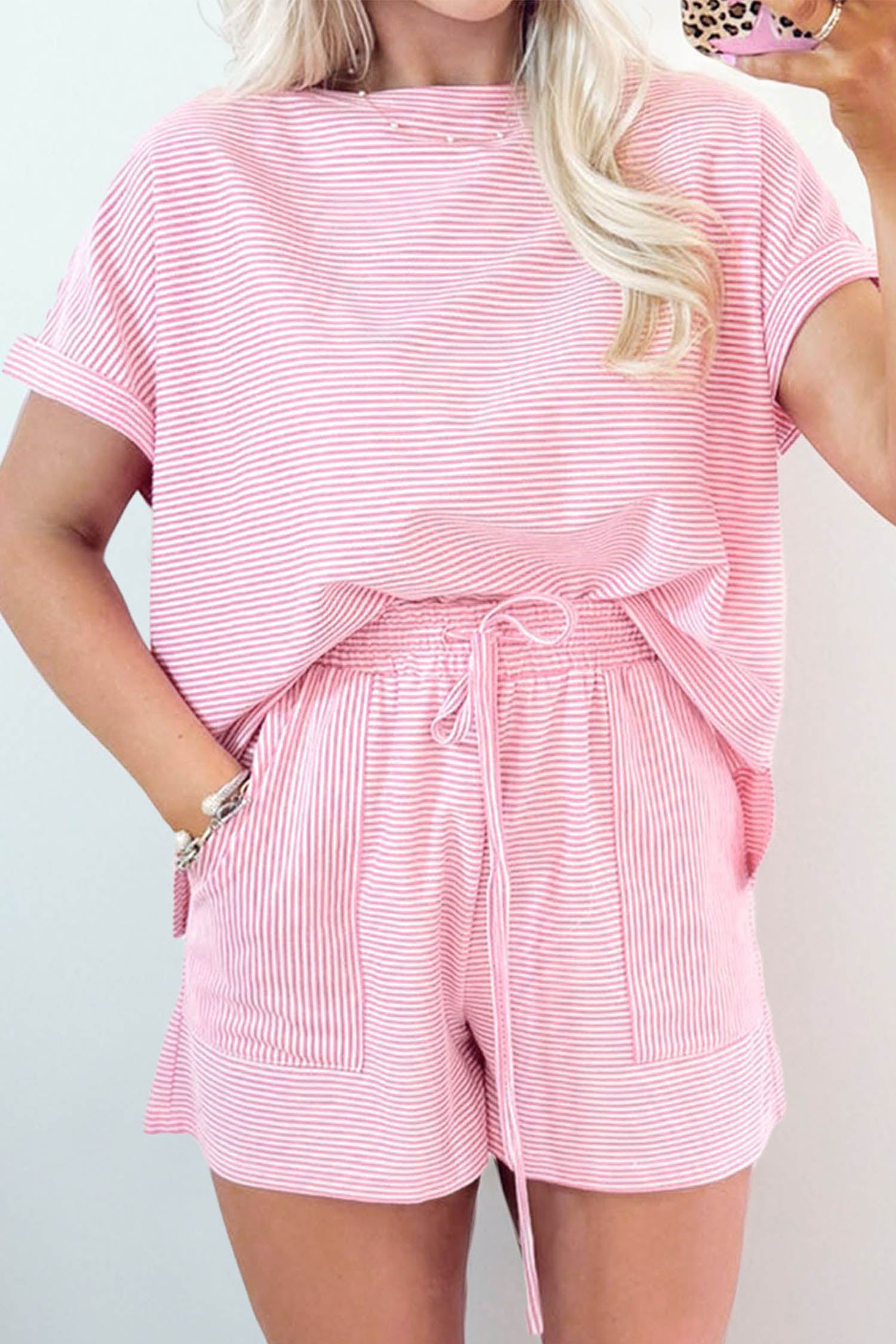 Pink Stripe Matching Oversized Tee & Drawstring Shorts Co-ord Set