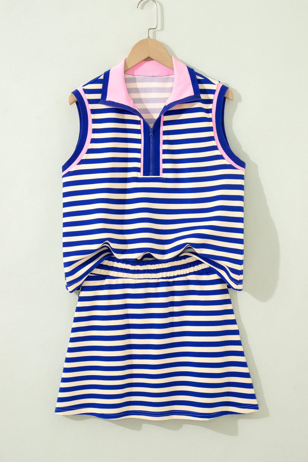 Shop Dark Blue Textured Stripe Contrast Trim Zip Collar Sleeveless 2-Piece Skort Set at LivelyLooks