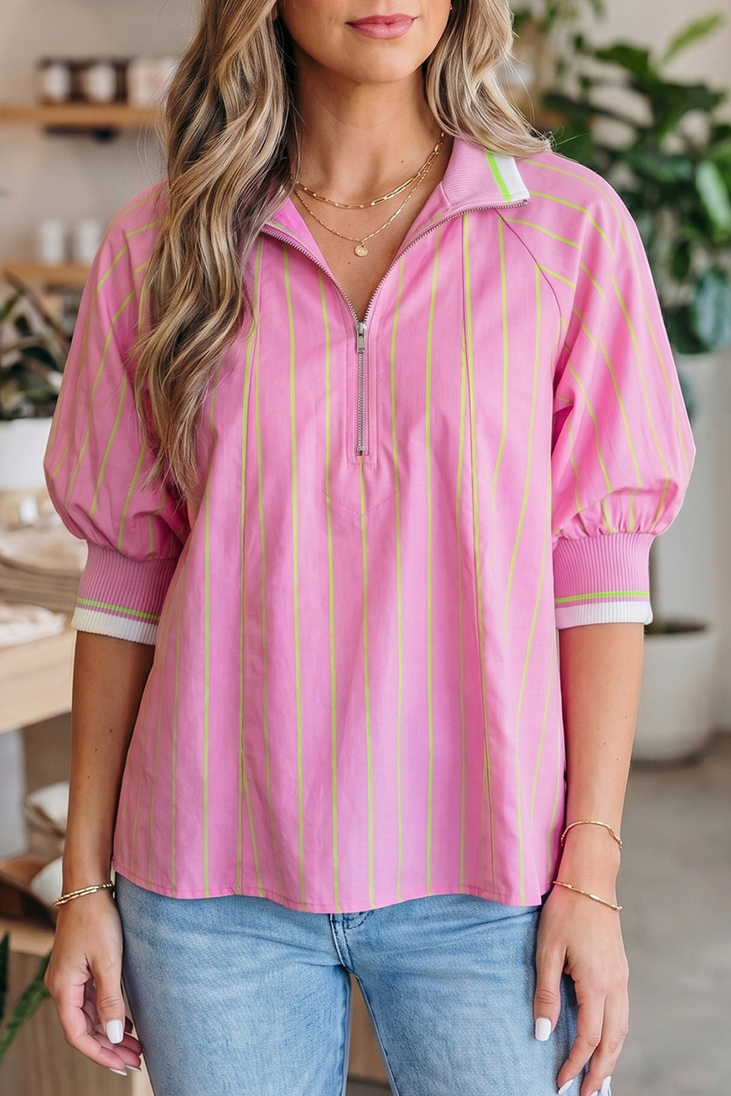 Pink Stripe V-Neck Half Sleeve Zip Ribbed Cuff Casual Blouse