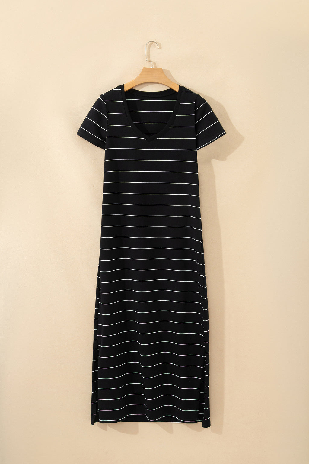 Khaki Stripe Casual Short Sleeve Side Slit Maxi T-Shirt Dress S-XL