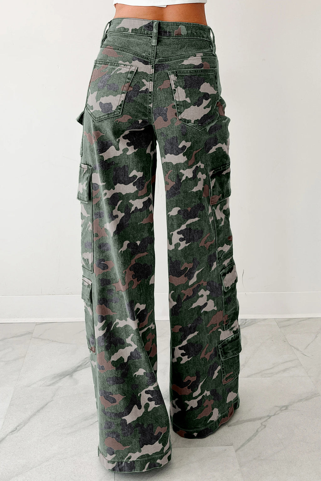 Green Camo Cargo Wide Leg Denim Pants