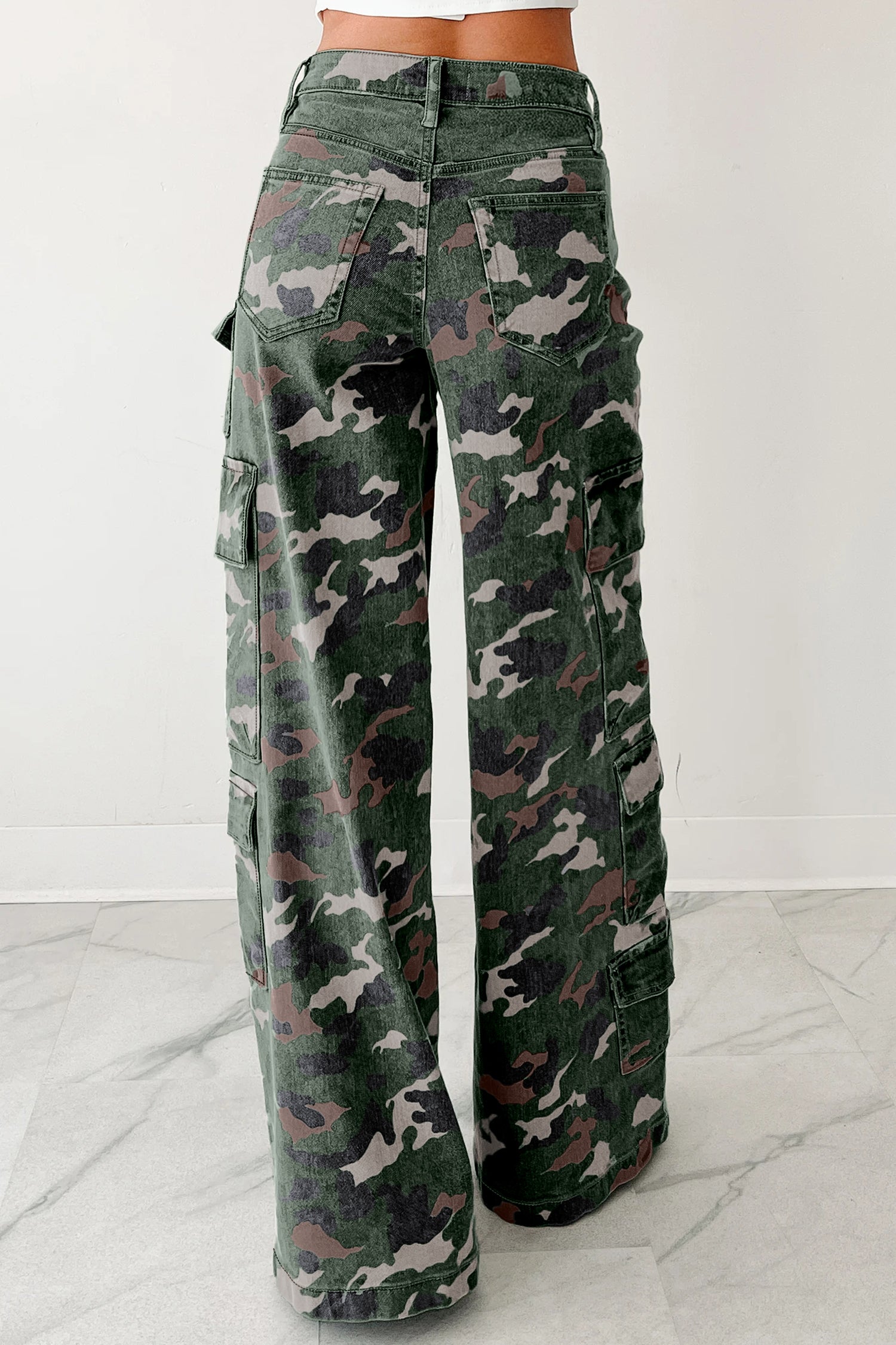 Green Camo Cargo Wide Leg Denim Pants
