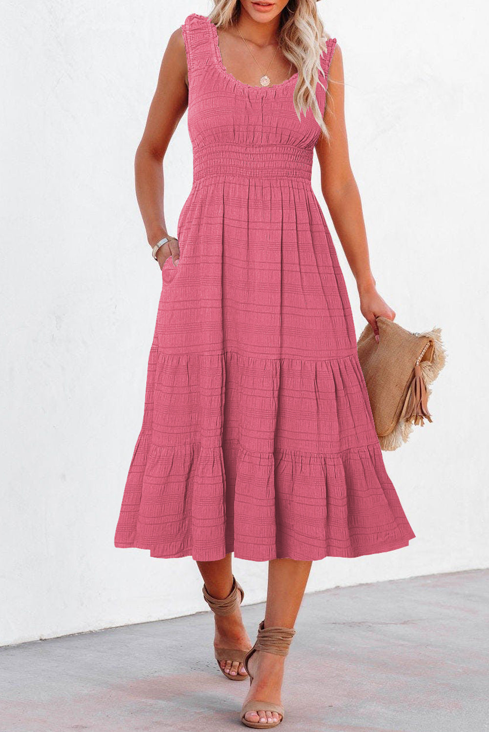 Shop Shirred Pleated Square Neck Sleeveless Midi Dress | S-XL at LivelyLooks