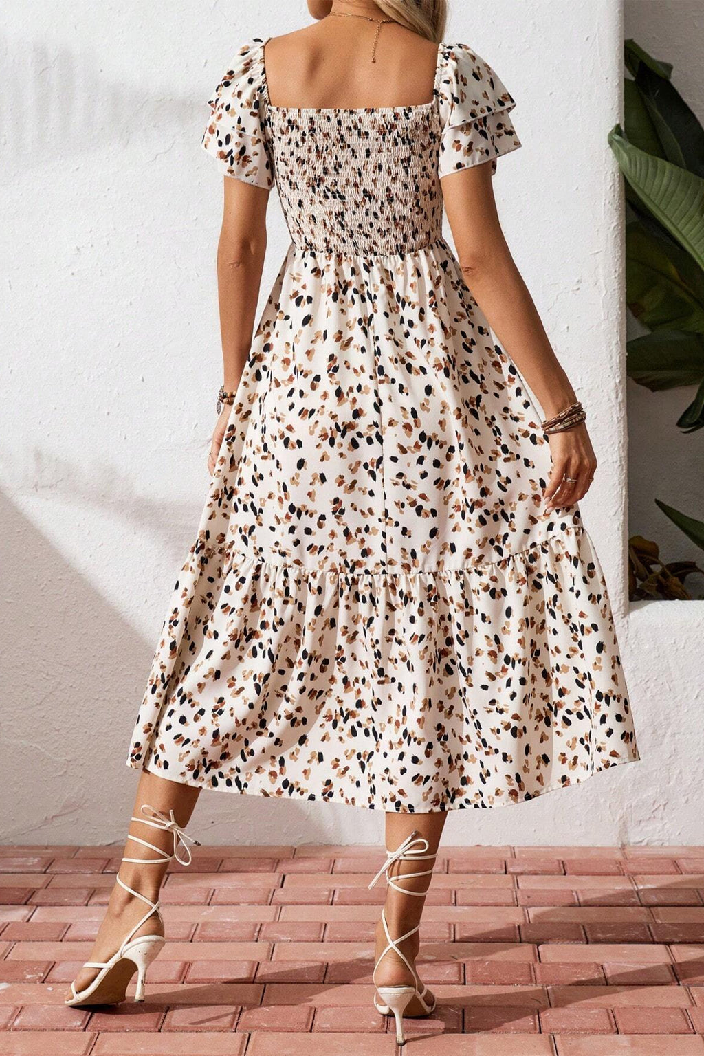 Women's Beige Ditsy Floral Smocked Square Neck Ruffle Sleeve Midi Dress S-XL at LivelyLooks