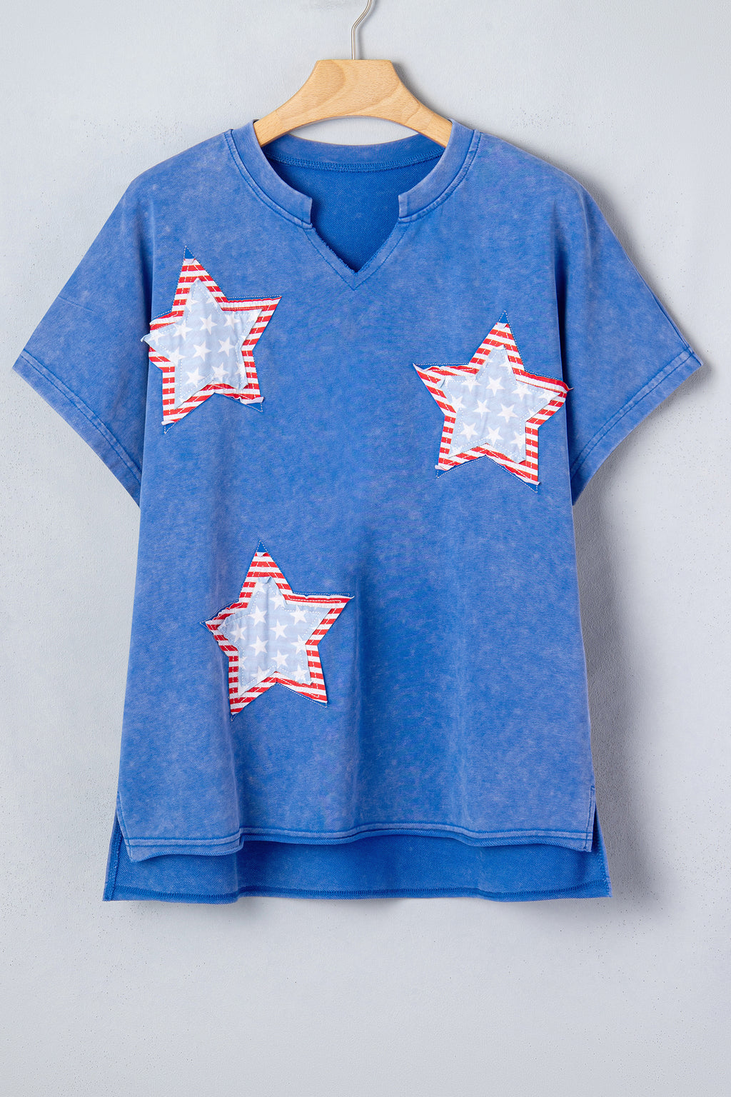 Women's White & Sky Blue Star Patch Notched Neck Mineral Wash Dolman Tee at LivelyLooks